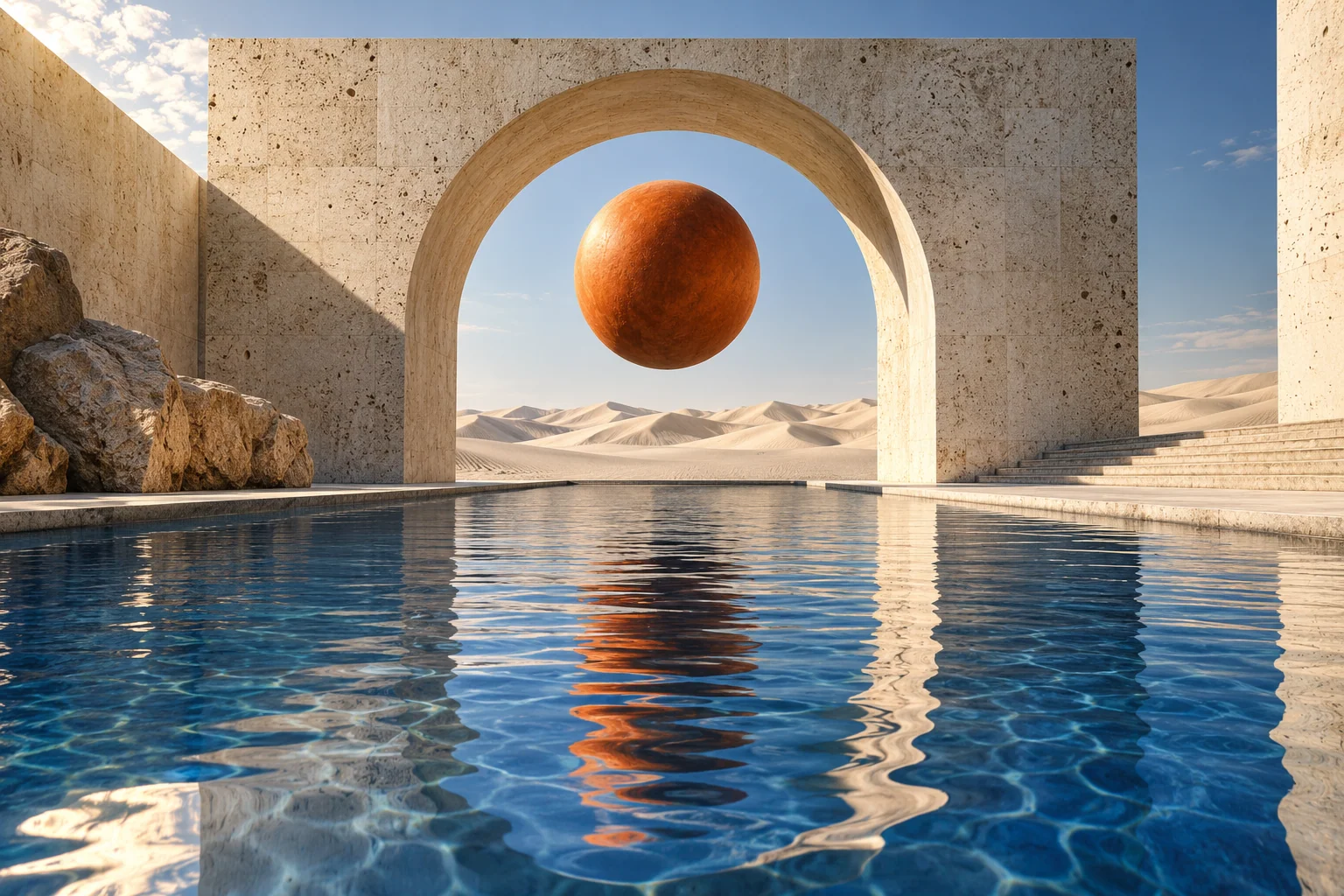 Course-generated desert gallery with a floating orange sphere inside a travertine arch, reflected in a cobalt pool.