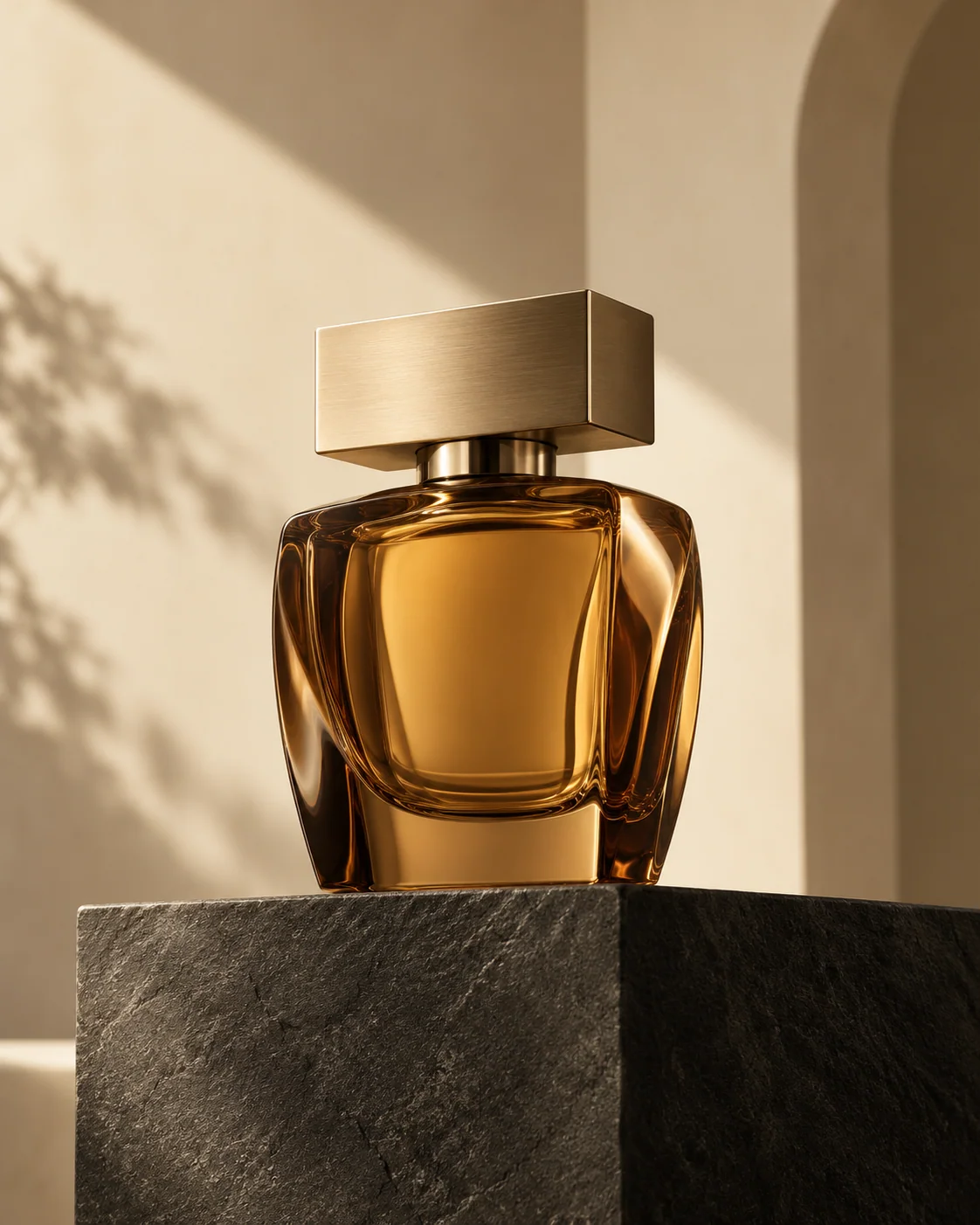 A fictional amber perfume bottle on a dark stone pedestal against a cream background.