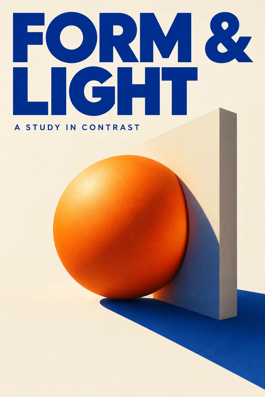 Fictional FORM & LIGHT poster with an orange sphere and cobalt typography.